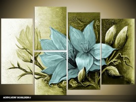 Acryl Schilderij Magnolia | Blauw, Groen | 120x80cm 5Luik Handgeschilderd