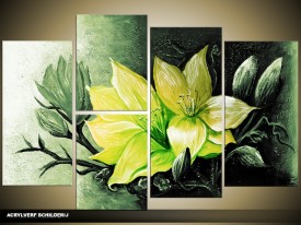 Acryl Schilderij Magnolia | Groen, Geel | 120x80cm 5Luik Handgeschilderd