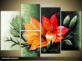 Acryl Schilderij Magnolia | Groen, Rood | 120x80cm 5Luik Handgeschilderd