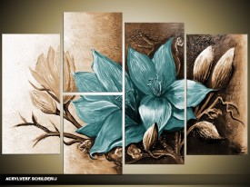 Acryl Schilderij Magnolia | Bruin, Turquoise | 120x80cm 5Luik Handgeschilderd