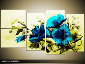 Acryl Schilderij Bloemen | Blauw, Groen | 130x70cm 5Luik Handgeschilderd