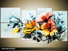 Acryl Schilderij Bloemen | Blauw, Geel | 130x70cm 5Luik Handgeschilderd