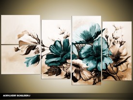 Acryl Schilderij Bloemen | Bruin, Turquoise | 130x70cm 5Luik Handgeschilderd