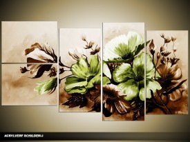 Acryl Schilderij Bloemen | Bruin, Groen | 130x70cm 5Luik Handgeschilderd