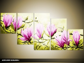 Acryl Schilderij Magnolia | Roze, Groen | 150x70cm 5Luik Handgeschilderd