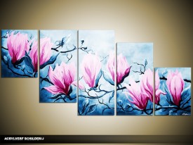 Acryl Schilderij Magnolia | Blauw, Roze | 150x70cm 5Luik Handgeschilderd
