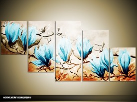Acryl Schilderij Magnolia | Blauw, Bruin | 150x70cm 5Luik Handgeschilderd