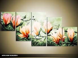 Acryl Schilderij Magnolia | Oranje, Groen | 150x70cm 5Luik Handgeschilderd