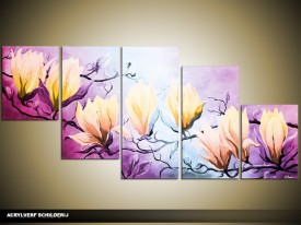 Acryl Schilderij Magnolia | Paars, Blauw, Geel | 150x70cm 5Luik Handgeschilderd