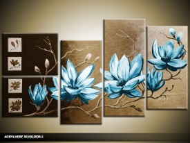 Acryl Schilderij Magnolia | Blauw, Bruin | 130x70cm 5Luik Handgeschilderd