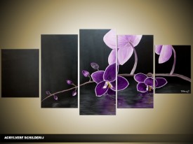 Acryl Schilderij Orchidee | Paars, Zwart | 150x70cm 5Luik Handgeschilderd