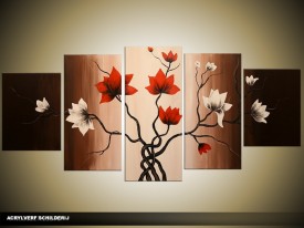 Acryl Schilderij Magnolia | Rood, Bruin, Crème | 150x70cm 5Luik Handgeschilderd