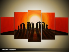 Acryl Schilderij Zonsondergang | Rood, Oranje, Zwart | 150x70cm 5Luik Handgeschilderd