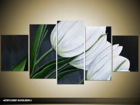 Acryl Schilderij Tulp | Wit, Grijs, Groen | 150x70cm 5Luik Handgeschilderd