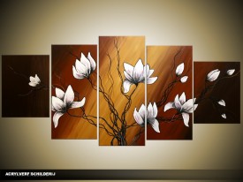 Acryl Schilderij Magnolia | Bruin, Wit | 150x70cm 5Luik Handgeschilderd