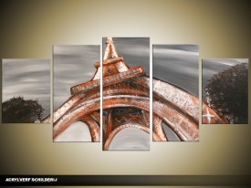 Acryl Schilderij Eiffeltoren | Rood, Oranje, Grijs | 150x70cm 5Luik Handgeschilderd