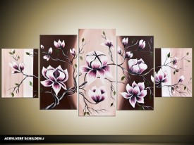 Acryl Schilderij Magnolia | Crème, Paars, Bruin | 150x70cm 5Luik Handgeschilderd
