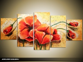 Acryl Schilderij Klaproos | Oranje, Rood, Geel | 150x70cm 5Luik Handgeschilderd