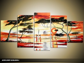 Acryl Schilderij Natuur | Geel, Rood | 150x70cm 5Luik Handgeschilderd