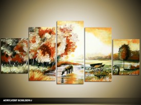 Acryl Schilderij Natuur | Bruin, Geel, Groen | 150x70cm 5Luik Handgeschilderd