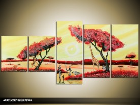 Acryl Schilderij Natuur | Crème, Rood, Geel | 150x70cm 5Luik Handgeschilderd