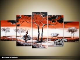 Acryl Schilderij Natuur | Rood, Zwart, Wit | 150x70cm 5Luik Handgeschilderd