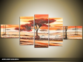Acryl Schilderij Natuur | Oranje, Crème, Bruin | 170x70cm 5Luik Handgeschilderd