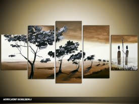 Acryl Schilderij Natuur | Bruin, Wit | 150x70cm 5Luik Handgeschilderd