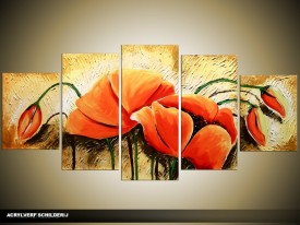 Acryl Schilderij Klaproos | Rood, Geel | 150x70cm 5Luik Handgeschilderd