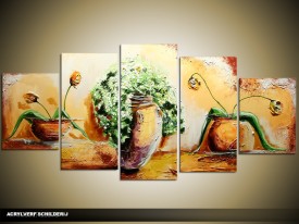 Acryl Schilderij Vaas | Crème, Bruin, Groen | 150x70cm 5Luik Handgeschilderd