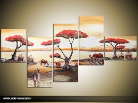 Acryl Schilderij Natuur | Rood, Crème, Bruin | 160x70cm 5Luik Handgeschilderd