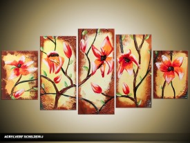 Acryl Schilderij Magnolia | Rood, Geel, Bruin | 150x70cm 5Luik Handgeschilderd