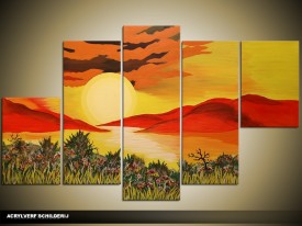 Acryl Schilderij Natuur | Geel, Rood | 100x60cm 5Luik Handgeschilderd