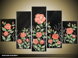 Acryl Schilderij Roos | Zwart, Roze, Groen | 100x60cm 5Luik Handgeschilderd
