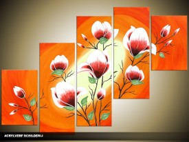 Acryl Schilderij Magnolia | Oranje, Geel, Roze | 100x60cm 5Luik Handgeschilderd