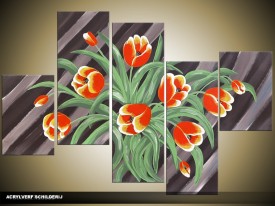 Acryl Schilderij Tulp | Grijs, Rood, Groen | 100x60cm 5Luik Handgeschilderd
