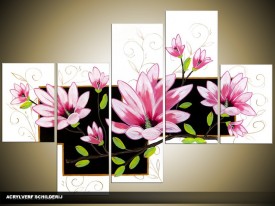 Acryl Schilderij Modern | Roze, Wit, Zwart | 100x60cm 5Luik Handgeschilderd