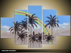 Acryl Schilderij Palm | Blauw, Grijs, Groen | 100x60cm 5Luik Handgeschilderd