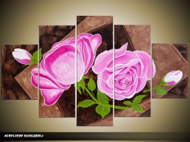 Acryl Schilderij Roos | Roze, Bruin, Groen | 100x60cm 5Luik Handgeschilderd