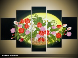 Acryl Schilderij Woonkamer | Zwart, Geel, Groen | 100x60cm 5Luik Handgeschilderd