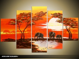 Acryl Schilderij Natuur | Rood, Crème, Bruin | 100x60cm 5Luik Handgeschilderd