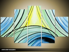 Acryl Schilderij Modern | Blauw, Groen, Geel | 100x60cm 5Luik Handgeschilderd