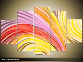 Acryl Schilderij Modern | Rood, Geel, Paars | 100x60cm 5Luik Handgeschilderd