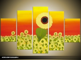 Acryl Schilderij Zonnebloem | Geel, Rood, Groen | 100x60cm 5Luik Handgeschilderd