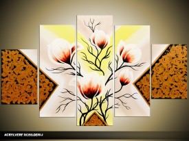 Acryl Schilderij Magnolia | Geel, Bruin, Crème | 100x60cm 5Luik Handgeschilderd