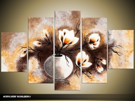 Acryl Schilderij Magnolia | Bruin, Crème, Oranje | 100x60cm 5Luik Handgeschilderd