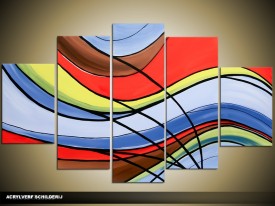Acryl Schilderij Modern | Blauw, Rood, Geel | 100x60cm 5Luik Handgeschilderd