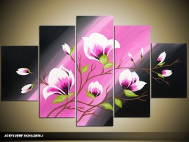 Acryl Schilderij Magnolia | Roze, Zwart, Groen | 100x60cm 5Luik Handgeschilderd