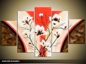 Acryl Schilderij Magnolia | Rood, Crème, Bruin | 100x60cm 5Luik Handgeschilderd