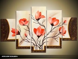 Acryl Schilderij Magnolia | Oranje, Crème, Bruin | 100x60cm 5Luik Handgeschilderd